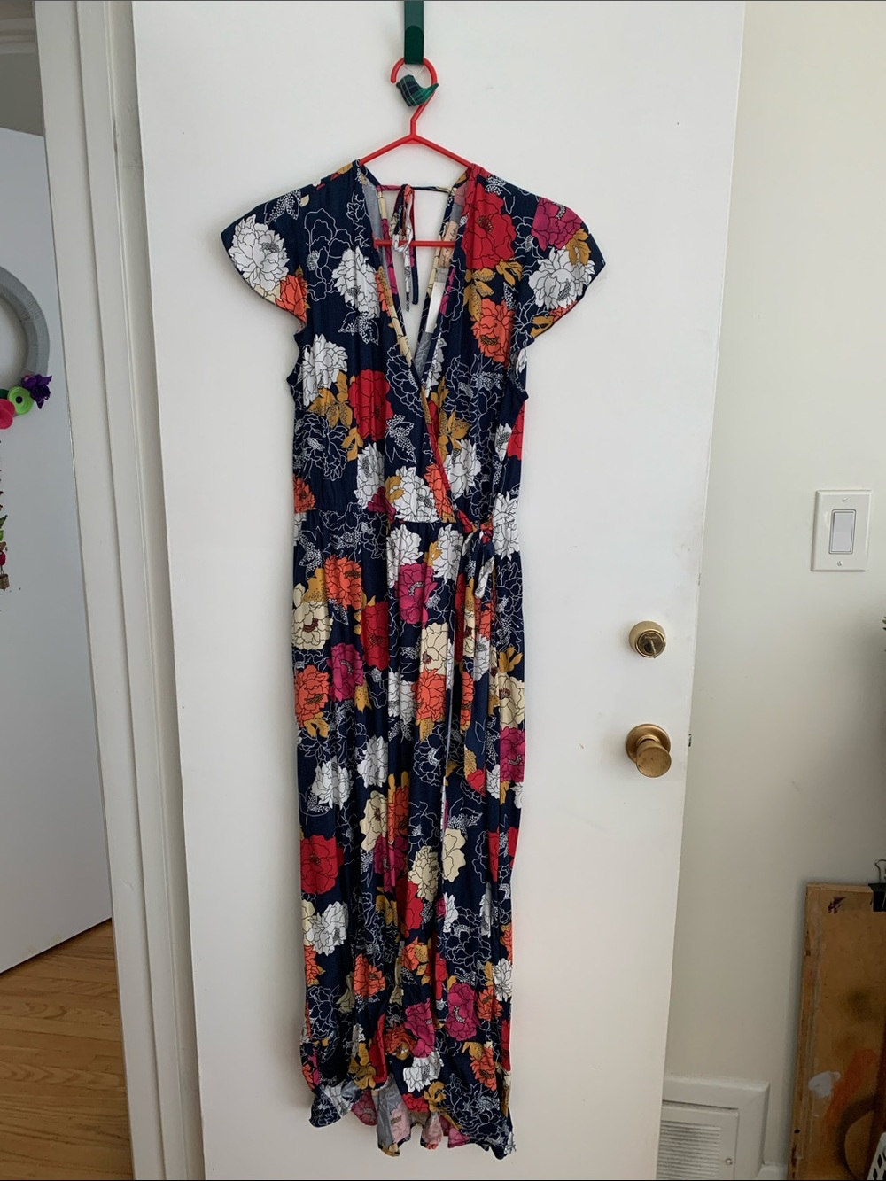 Navy Floral Wrap Maxi Dress with Tie-Back